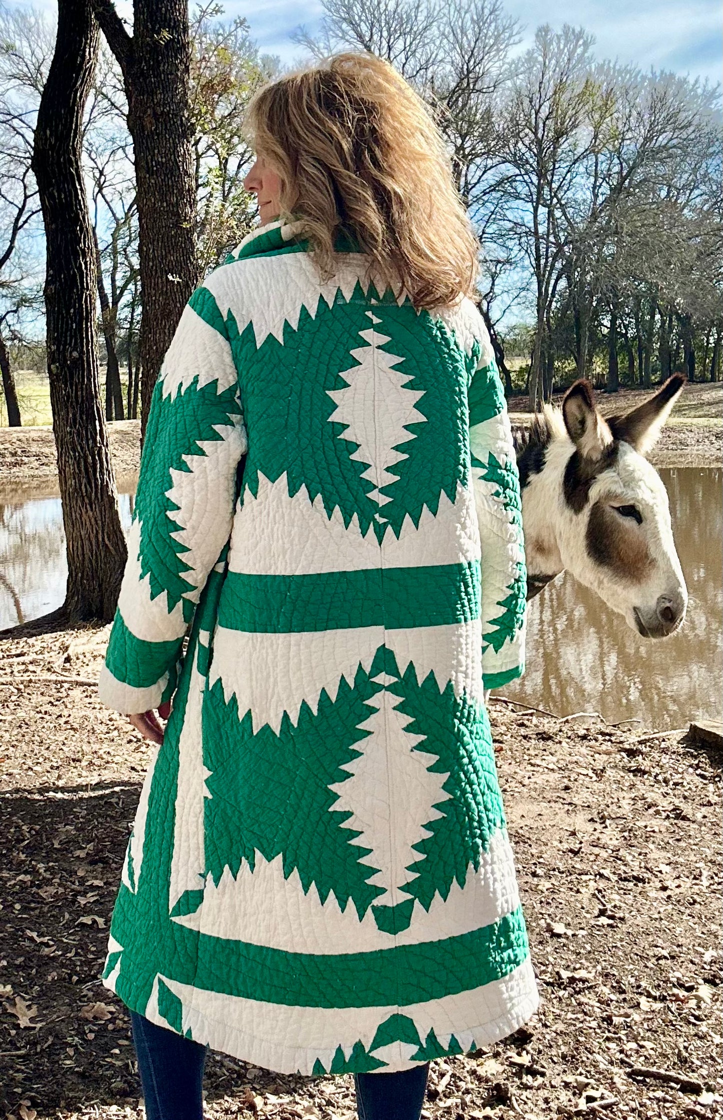 The Amelia Green and White Long quilt Coat size Small