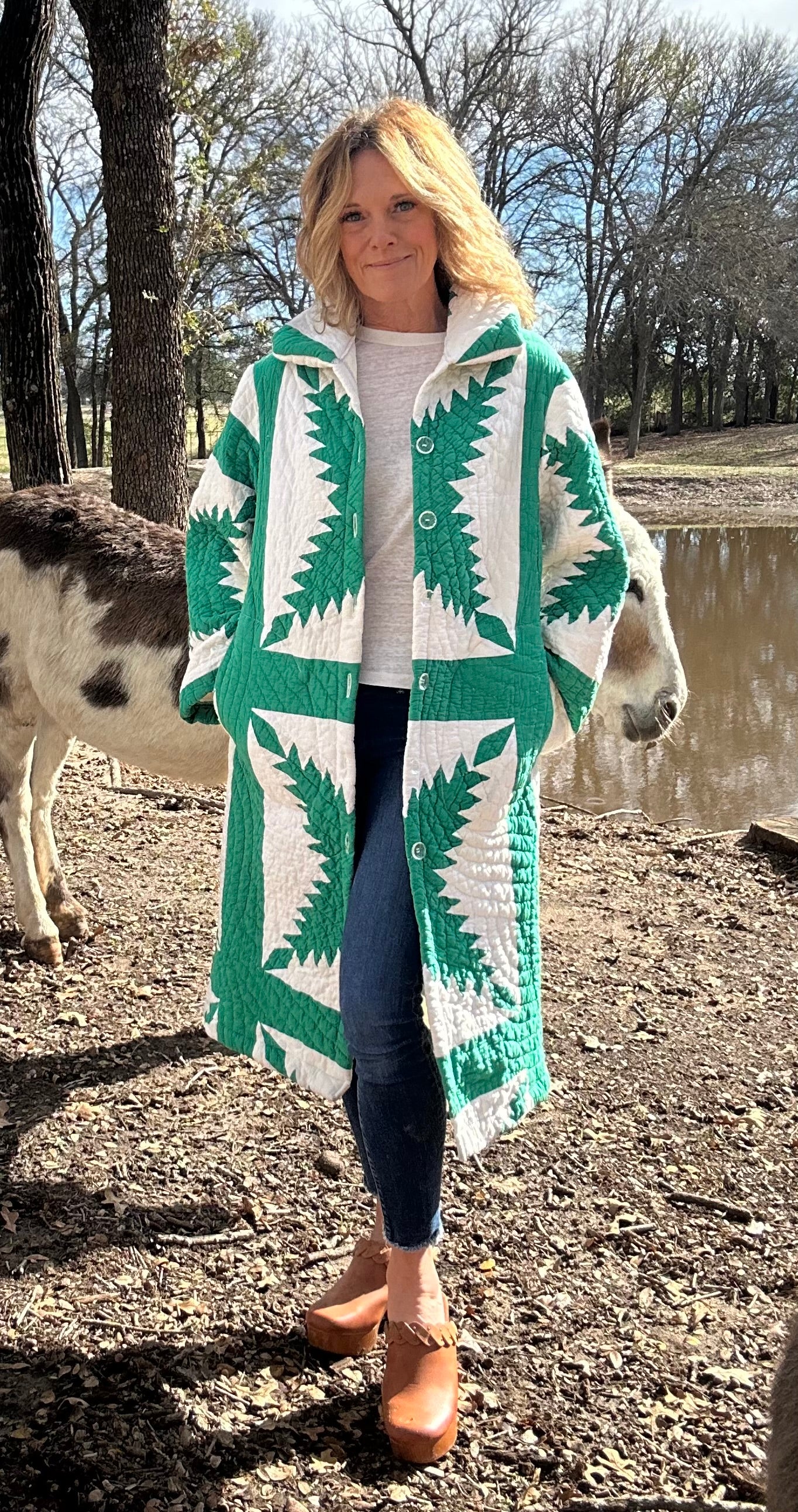 The Amelia Green and White Long quilt Coat size Small