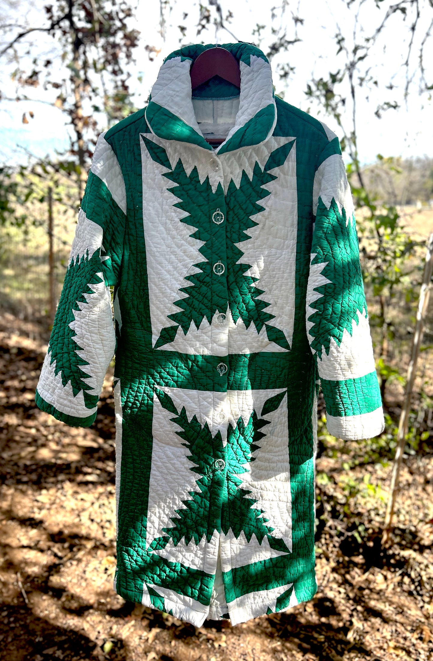 The Amelia Green and White Long quilt Coat size Small